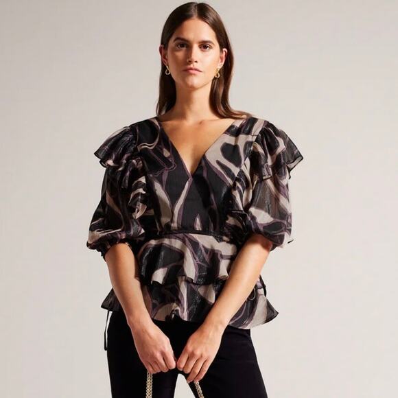 Ted Baker Jasmyna Ruffle V-Neck Metallic Blouse - Picture 11 of 11